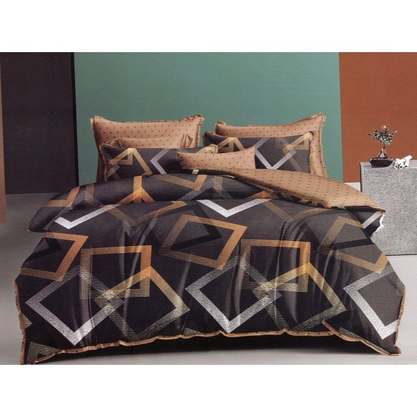 Lenjerie pat dublu, Ralex Pucioasa,  Finet, 6 piese, cu elastic, Maro, forme geometrice [1]