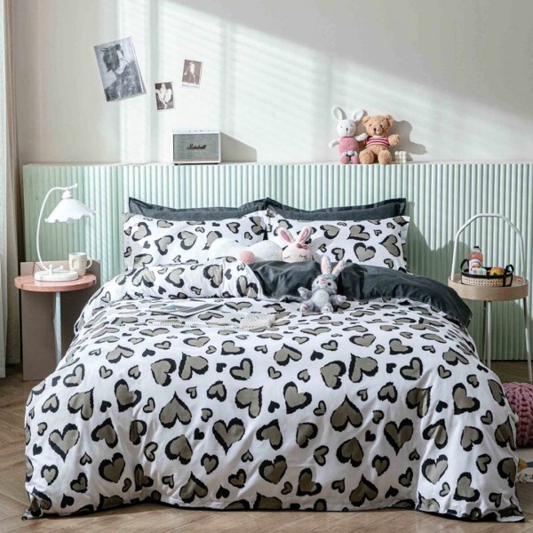 Lenjerie pat dublu (140x200cm, 160x200cm, 180x200cm), bumbac satinat, cearsaf clasic, 4 piese,  Gri, Animal Print [1]