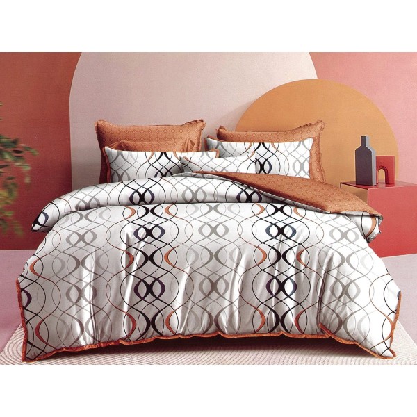 Lenjerie pat dublu, Ralex Pucioasa,  Finet, 6 piese, cu elastic, Gri-Maro, abstract [1]