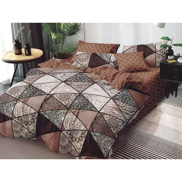 Lenjerie pat dublu, Ralex Pucioasa,  Finet, 6 piese, cu elastic, Maro, forme geometrice [1]