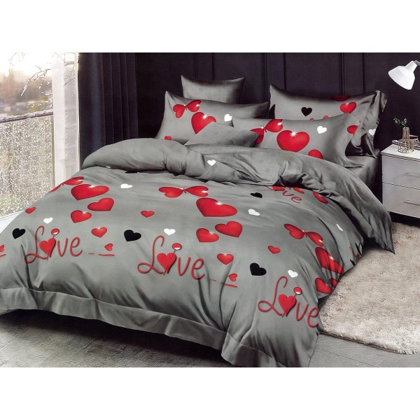 Lenjerie pat dublu, Ralex Pucioasa,  Finet, 6 piese, cu elastic, Gri-Rosu, inimioare [1]