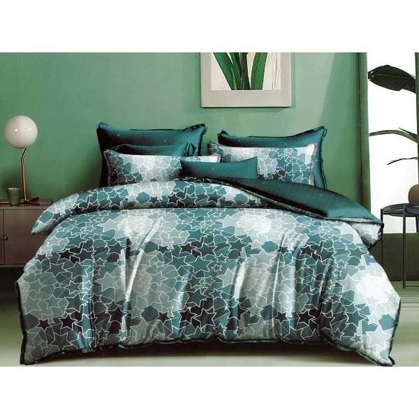 Lenjerie pat dublu, Ralex Pucioasa,  Finet, 6 piese, cu elastic, Turquoise, stelute [1]