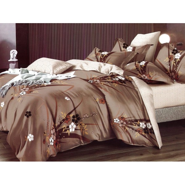 Lenjerie pat dublu, Ralex Pucioasa,  Finet, 6 piese, cu elastic, Maro, flori [1]