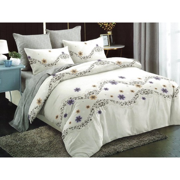 Lenjerie pat dublu, Ralex Pucioasa,  Finet, 6 piese, cu elastic, Crem, flori [1]