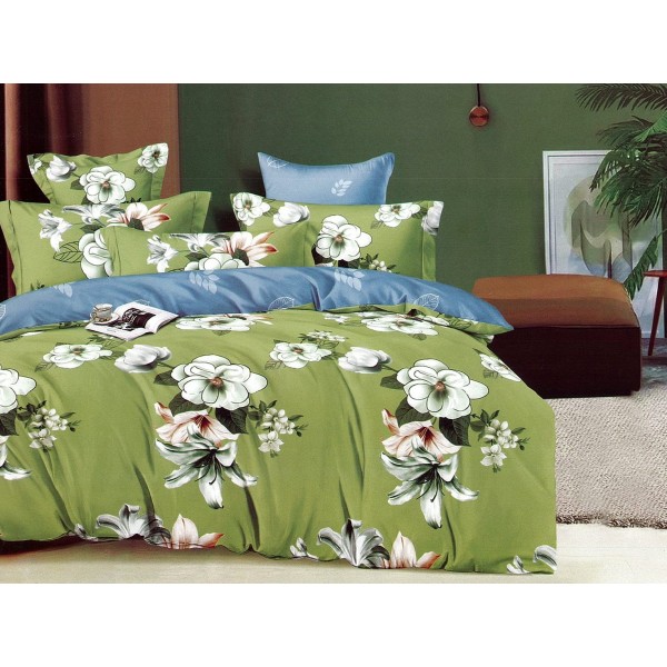 Lenjerie pat dublu, Ralex Pucioasa,  Finet, 6 piese, cu elastic, Verde, flori [1]