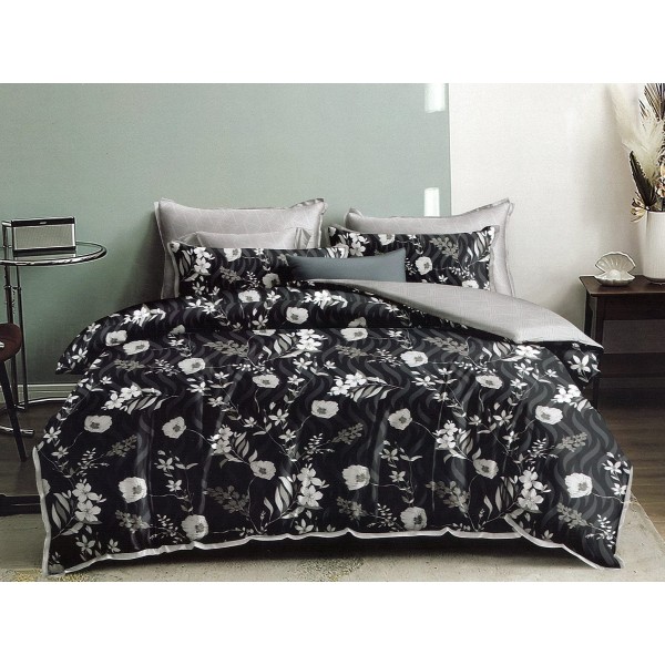 Lenjerie pat dublu, Ralex Pucioasa,  Finet, 6 piese, cu elastic, Gri, flori [1]