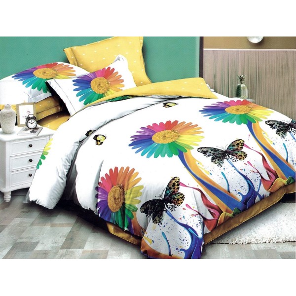 Lenjerie pat dublu, Ralex Pucioasa,  Finet, 6 piese, cu elastic, Multicolor, flori, fluturi [1]