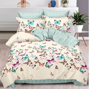 Lenjerie pat dublu (160x200cm, 180x200cm),  FINET, 6 piese, cu ELASTIC, Bleu, fluturi