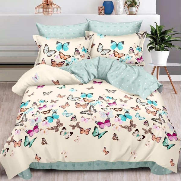 Lenjerie pat dublu (160x200cm, 180x200cm),  FINET, 6 piese, cu ELASTIC, Bleu, fluturi [1]