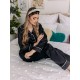 Pijama Luxury Anemona din Satin Negru cu vipusca alba