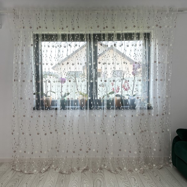 Perdea cu buline brodate - 3m latime x 2.7m inaltime, cu rejansa pentru BARA, Alb-Bej [1]