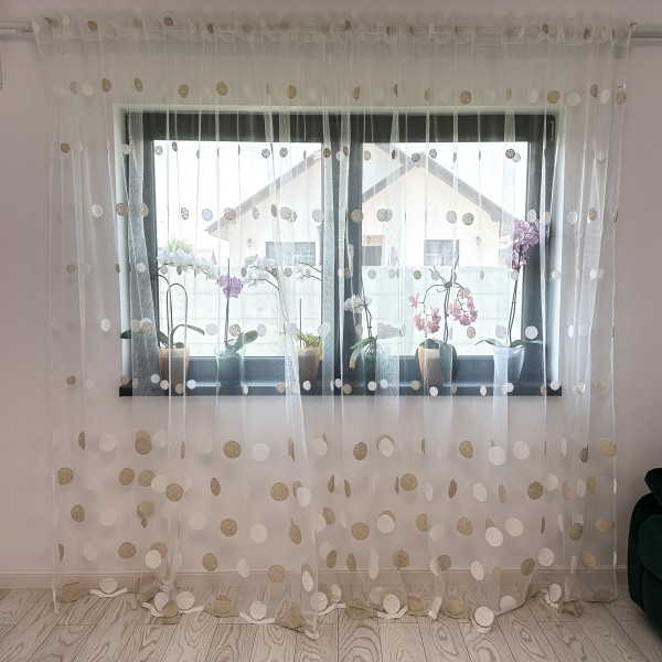 Perdea cu buline brodate - 300cm x 260cm , Rejansa pentru SINA, Alb-Auriu [1]
