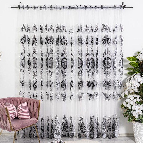 Perdea cu broderie eleganta - 5m latime x 232cm inaltime x tiv lat, Alb-Negru [1]