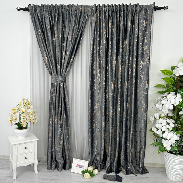 Set 2 bucati de Draperie Catifea cu insertii aurii, Gri antracit, 200cm latime, 2.25m inaltime, cu rejansa pt sina [1]