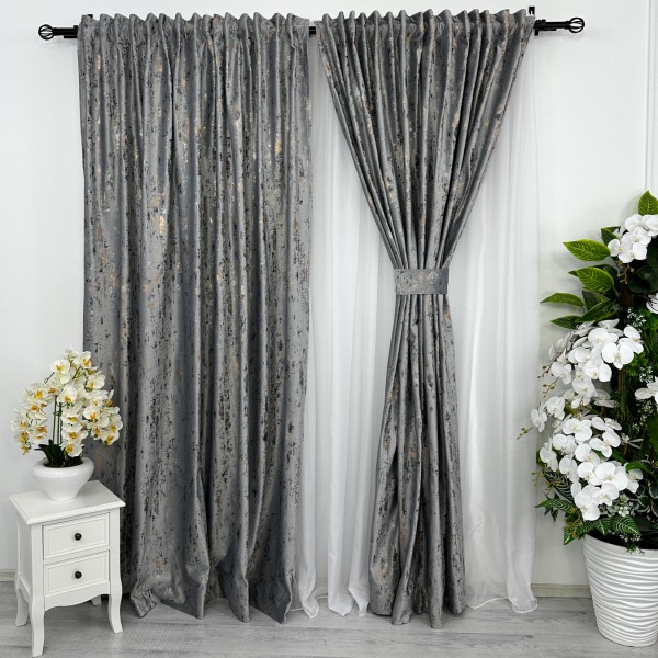 Set 2 bucati de Draperie Catifea cu insertii aurii, Gri, 200cm latime x 200cm inaltime, cu rejansa pt sina [1]