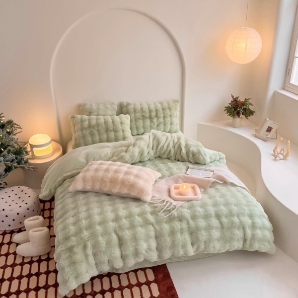 Lenjerie de Pat Dublu, ExtraPufoasa din Blăniță Artificială de Iepure, 4 piese, Verde – Confort Premium și Eleganță Absolută [1]