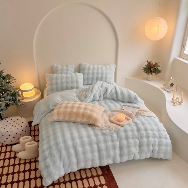 Lenjerie de Pat Dublu, ExtraPufoasa din Blăniță Artificială de Iepure, 4 piese, Bleu – Confort Premium și Eleganță Absolută [1]