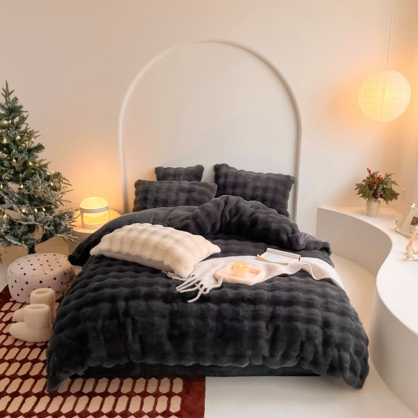 Lenjerie de Pat Dublu, ExtraPufoasa din Blăniță Artificială de Iepure, 4 piese, Gri Antracit – Confort Premium și Eleganță Absolută [1]