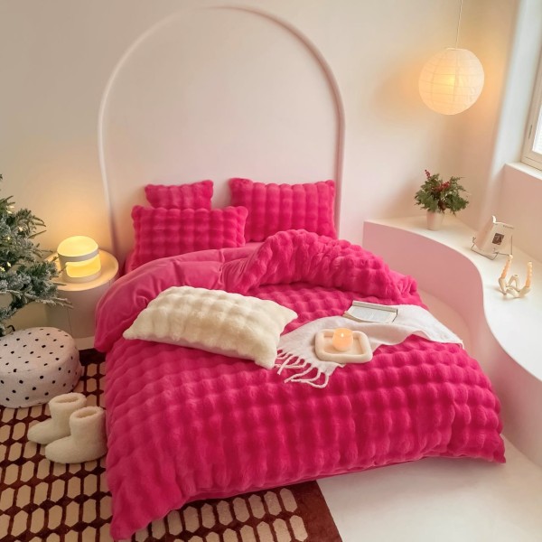 Lenjerie de Pat Dublu, ExtraPufoasa din Blăniță Artificială de Iepure, 4 piese, Fuchsya – Confort Premium și Eleganță Absolută [1]
