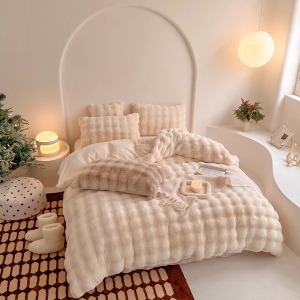 Lenjerie de Pat Dublu, ExtraPufoasa din Blăniță Artificială de Iepure, 4 piese, Crem – Confort Premium și Eleganță Absolută [1]