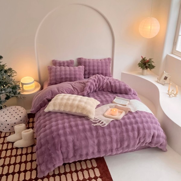 Lenjerie de Pat Dublu, ExtraPufoasa din Blăniță Artificială de Iepure, 4 piese, Mov – Confort Premium și Eleganță Absolută [1]