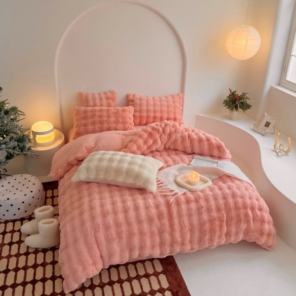 Lenjerie de Pat Dublu, ExtraPufoasa din Blăniță Artificială de Iepure, 4 piese, Somon – Confort Premium și Eleganță Absolută [1]