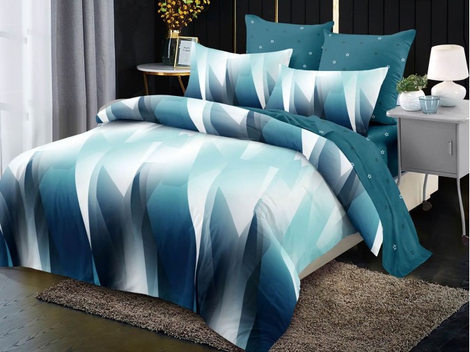 PACHET PROMO COMPLET: Lenjerie pat dublu BUMBAC FINET cu elastic 6 piese Primavara Turquoise abstract