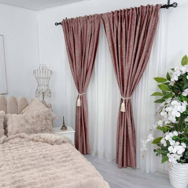 Set 2 draperii , Catifea cu insertii metalizate - 200cm x 232cm , rejansa pt. bara ,Roz - V17 [1]