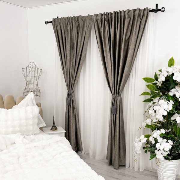 Set 2 Draperii Catifea cu insertii metalizate - 200cm x 232cm, Rejansa pt. bara ,  Gri cenusiu - V31 [1]