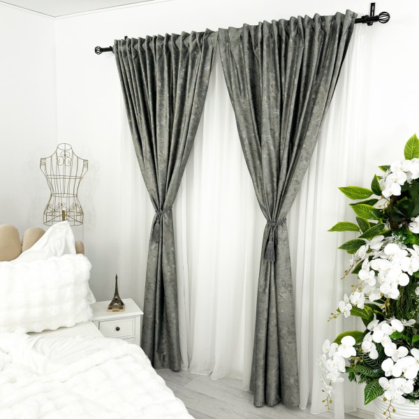 Set 2 Draperii  Catifea cu insertii metalizate, Gri inchis, 200cm latime x 232cm inaltime, cu rejansa pt bara [1]