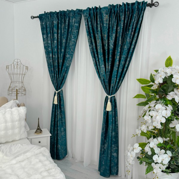 Set 2 bucati de Draperie Catifea cu insertii metalizate, Turquoise, 2 m latime x 2.25m inaltime, cu rejansa pt sina [1]