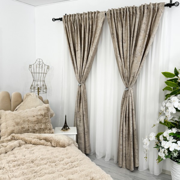 Set 2 Draperii Catifea cu insertii metalizate - 100cm x 270cm ,rejansa pt. bara ,  Bej deschis - V1 [1]