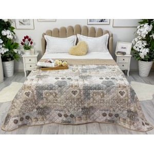 Cuvertura matlasata cu doua fete pentru pat dublu , 210x210, Bej-Gri, inimioare