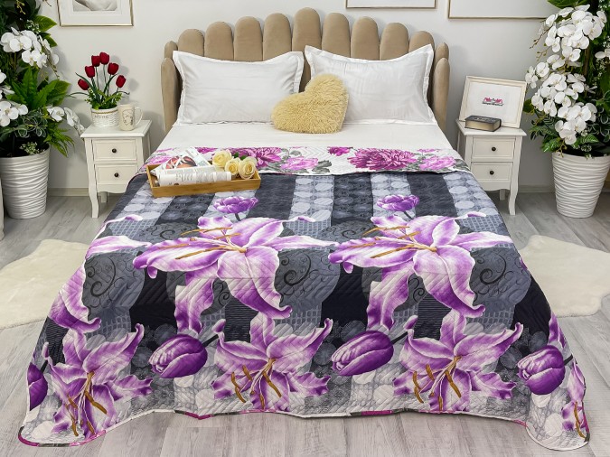 OFERTA TRIO: Cuvertura matlasata cu doua fete pentru pat dublu 210x210 Gri-Roz flori