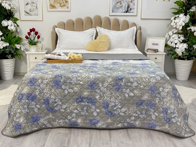 Cuvertura matlasata cu doua fete pentru pat dublu , 210x210, Gri-Albastru, flori