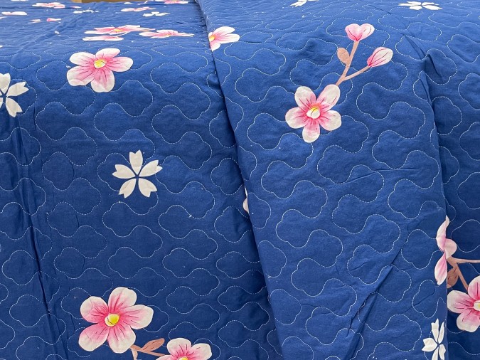 Cuvertura pat dublu din Bumbac Finet, 5 PIESE, Albastru, flori