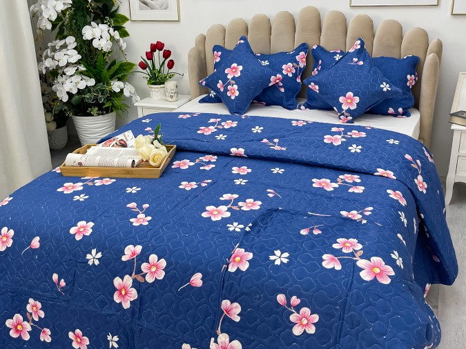Cuvertura pat dublu din Bumbac Finet, 5 PIESE, Albastru, flori