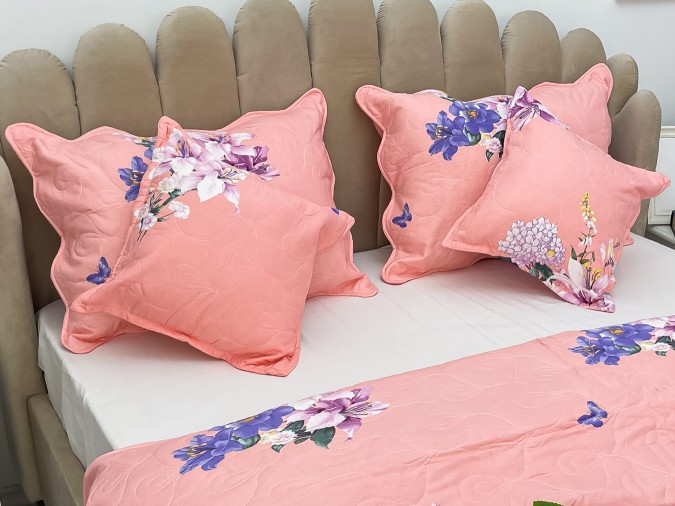 Cuvertura pat dublu din Bumbac Finet, 5 PIESE, Roz, flori