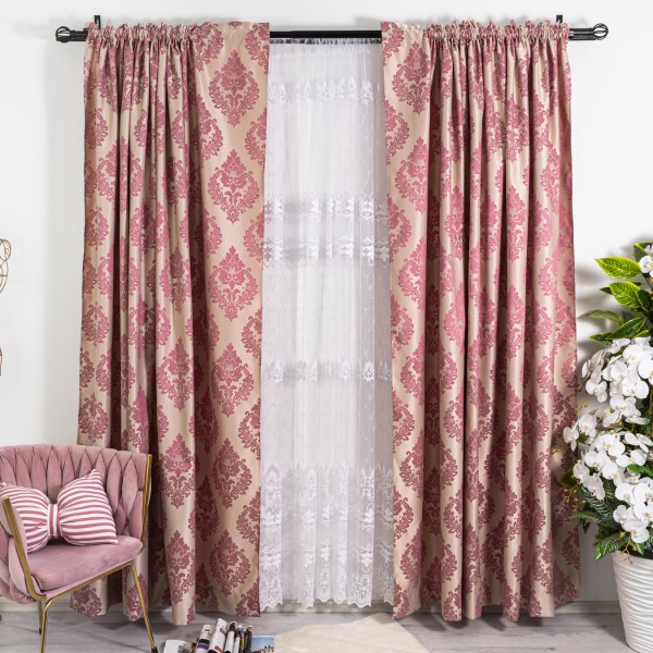 Set 2 Draperii din Jacquard Satinat -200cm x 232cm ,Tiv lat , Bej - Roz [1]