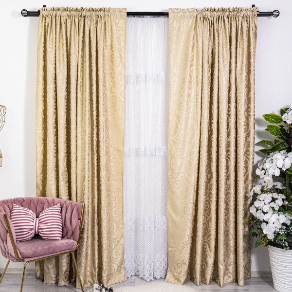 Set 2 bucati Draperie din Jacquard Satina, Bej Gold- 200cm latime x 2.32 m inaltime , rejansa pt. bara  [1]