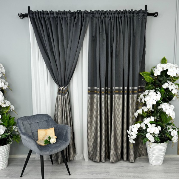 Set 2 Draperii Lines, Satinata, Texturata, Antracit cu Bej, 140cm latime x 260cm inaltime, cu tiv lat pt bara [1]