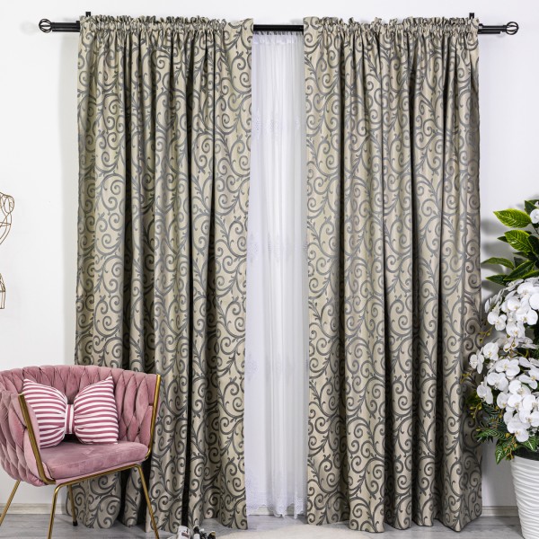 Set de 2 bucati de Draperie din Jacquard Satinat - 2m latime x 232cm inaltime x tiv lat, Bej - Gri [1]