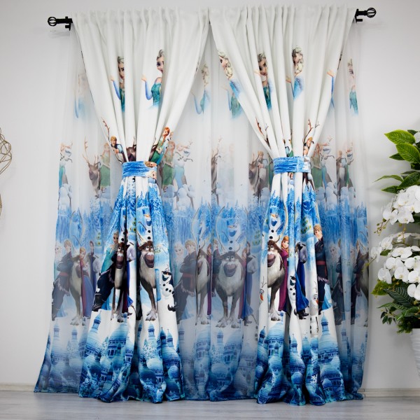Set Perdea din Voal 3m latime x 2m inaltime si 2 bucati Draperie Satinata 1.5m latime x 2m inaltime, pentru copii , Frozen, cu rejansa pentru sina [1]