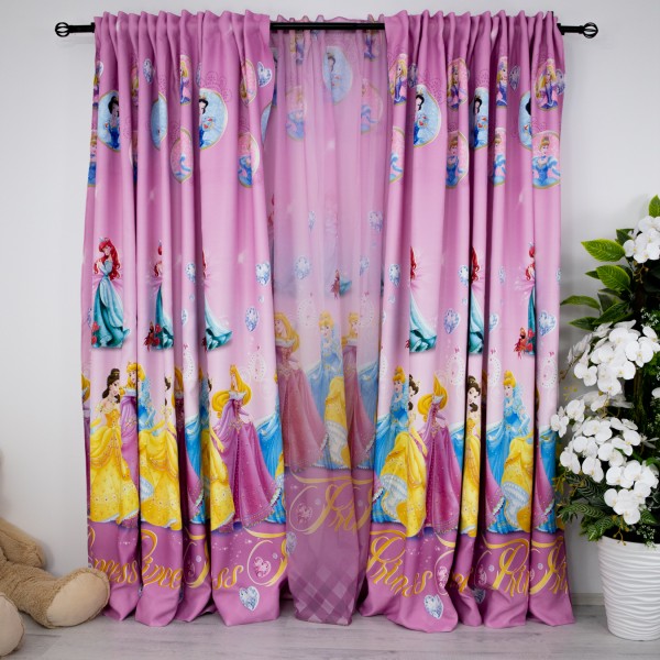 Set 2 bucati de Draperie Satinata pentru copii, Roz, printese, 200cm latime, 232cm inaltime cu rejansa pt bara [1]