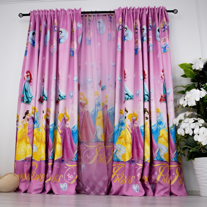 Set 2 bucati de Draperie Satinata pentru copii, Roz, printese, 200cm latime, 232cm inaltime cu rejansa pt bara