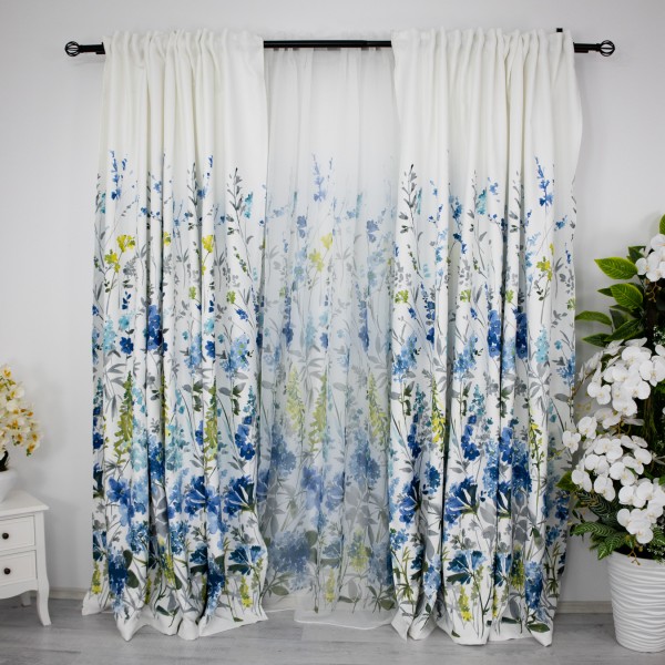 Set 2 Draperii Satinata imprimata - 200cm latime x 210cm, Rejansa pt. sina,  flori albastre [1]