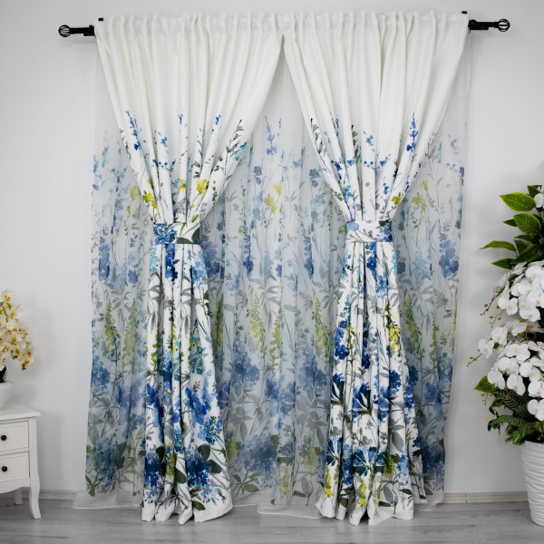 Set Perdea din Voal si Draperie Satinata imprimata, flori albastre, perdea de 3m latime x 2m inaltime, si 2 buc draperie 1m latime x 2 m inaltime, cu rejansa pt sina [1]