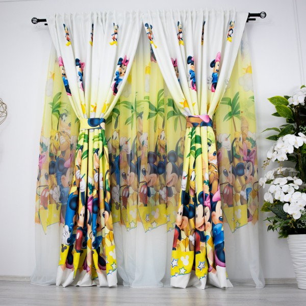 Set Perdea din Voal si Draperie Satinata pentru copii, Minnie si Mickey, PERDEA: 1buc - 3m latime, DRAPERIE: 2buc - 1m latime, inaltime 220cm, cu rejansa pentru sina [1]