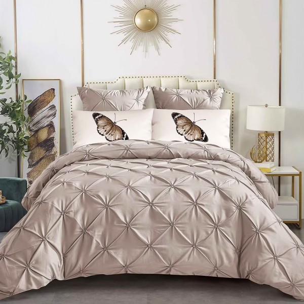 Lenjerie pat dublu, Finet Satinat Deluxe cu Pliuri Brodate, IDENTICA CU POZA, cu elastic, 6 piese, Cappuccino deschis [1]