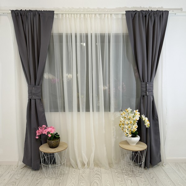 Set 2 Draperii Blackout Satinata - 1.20m x 232cm x rejansa pt bara, Gri inchis [1]
